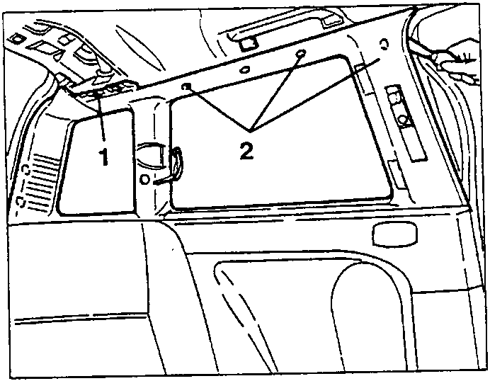 Diagram showing window mouldings being pulled away from plastic nails, with labels 1 and 2 pointing to components.