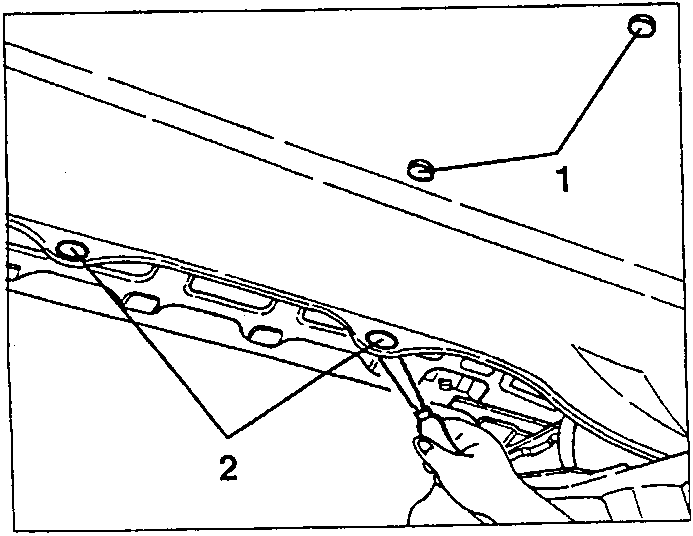 Diagram showing removal of central and rear buttons from a roof panel, with labels 1 and 2 pointing to components.