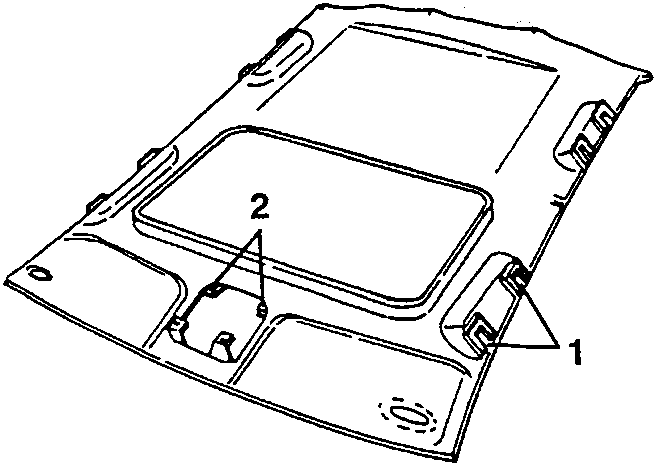 Diagram showing roof panel with gasket (1) and clip (2) for front screws