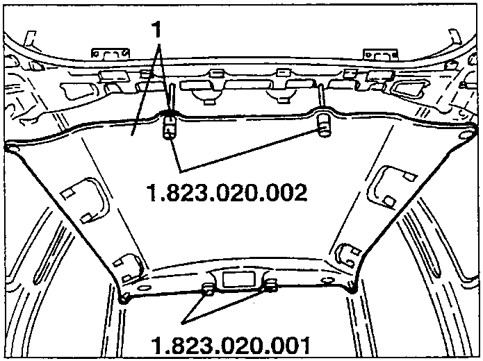 Diagram showing roof panel with guide pins 1.823.020.002 and 1.823.020.001 marked.