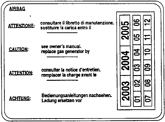 Airbag label with expiry dates for 2003-2006 and multilingual caution text