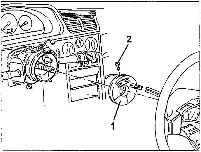 Diagram showing clock spring (1) and bolts (2) on steering column switch unit