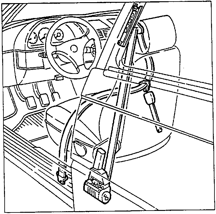 Illustration showing interior of car with seat belt mechanism