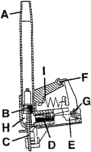 Diagram showing components of seat belt pre-tensioning device with labels A, B, C, D, E, F, G, H, I