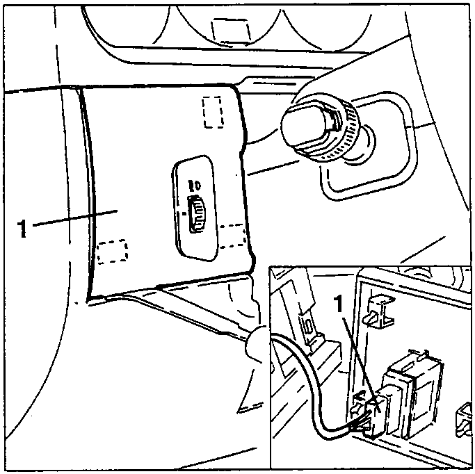 Fusebox cover trim removal diagram showing dashboard trim and electrical connection