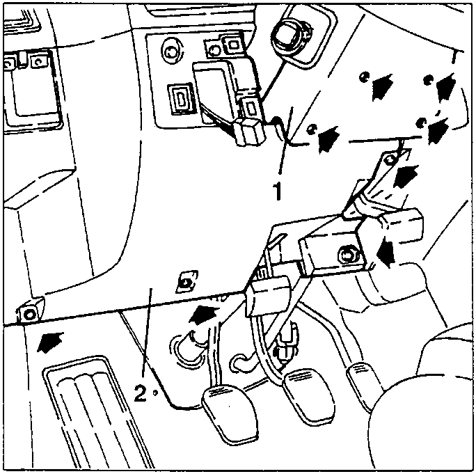 Diagram showing screws on steering column and fuse-box cover trim