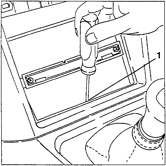 Hand using screwdriver to slacken a screw on the centre console front screw, with a label '1' pointing to the screw