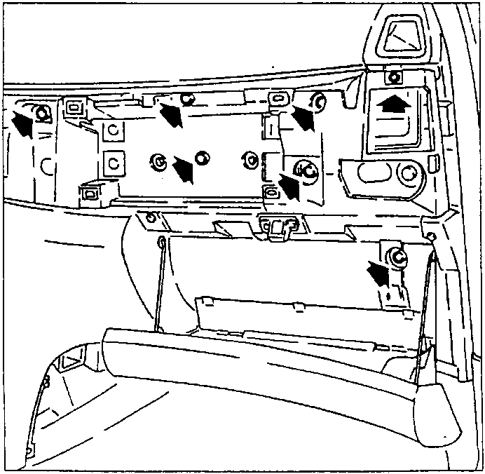 Lower part of dashboard with screws and clips shown