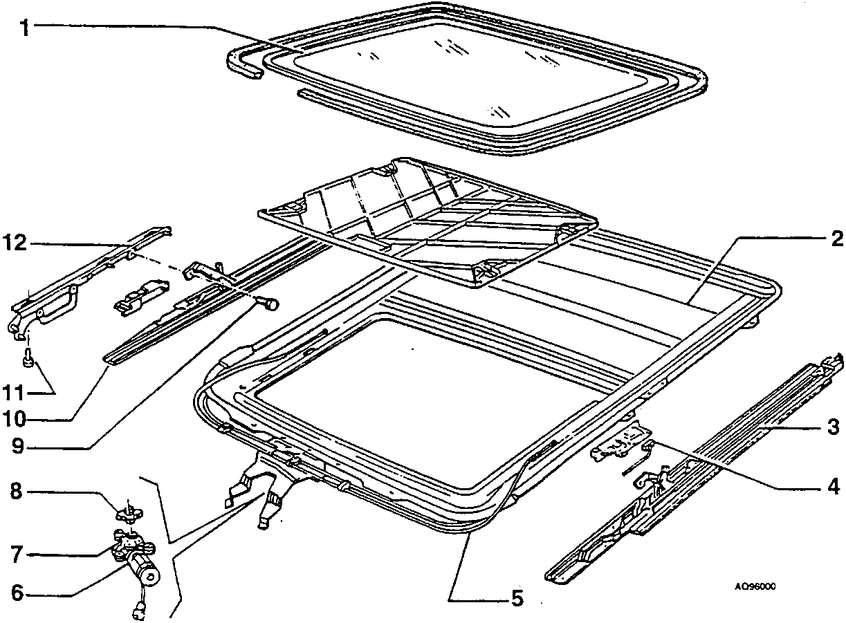 Sunroof components diagram with numbered parts