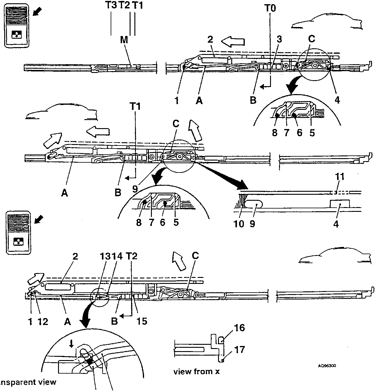 Mechanical diagram showing components labeled 1 through 17, with positions T0, T1, T2, and a transparent view.