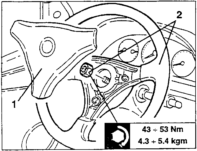 Steering wheel with horn control and fastening nut, torque specification 43 ÷ 53 Nm / 4.3 ÷ 5.4 kgm