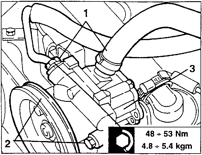 Power steering pump with hoses connected, showing torque specification