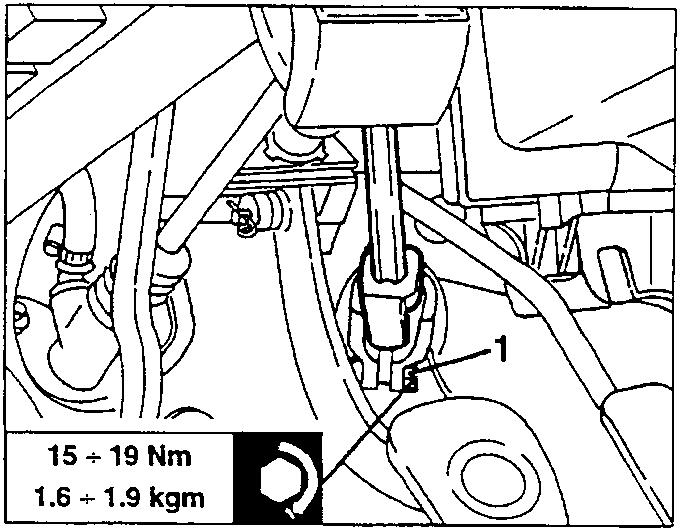 Close-up of steering column bolt with torque specification 15 ÷ 19 Nm (1.6 ÷ 1.9 kgm).