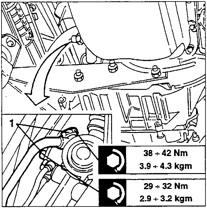 Power steering box with oil inlet and outlet hoses disconnected; torque values shown: 38 ÷ 42 Nm / 3.9 ÷ 4.3 kgm and 29 ÷ 32 Nm / 2.9 ÷ 3.2 kgm