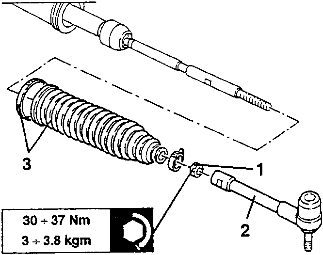 Track rod assembly with bellows; torque value shown: 30 ÷ 37 Nm / 3 ÷ 3.8 kgm