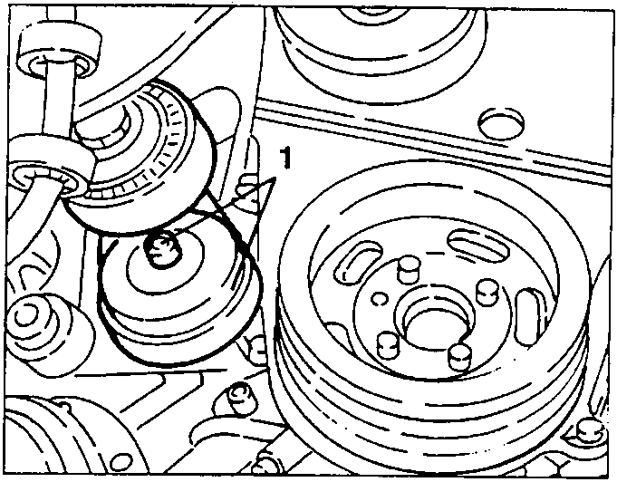 Power steering pump with labeled part 1 and belt tensioner