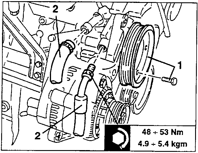 Power steering pump pulley with labeled parts 1, 2 and torque specification 48 + 53 Nm 4.9 + 5.4 kgm