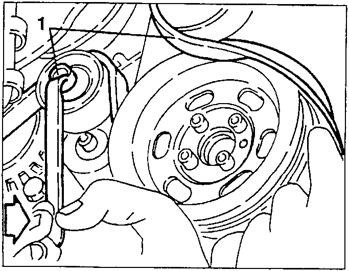 Belt tensioner with labeled part 1 and hand using tool