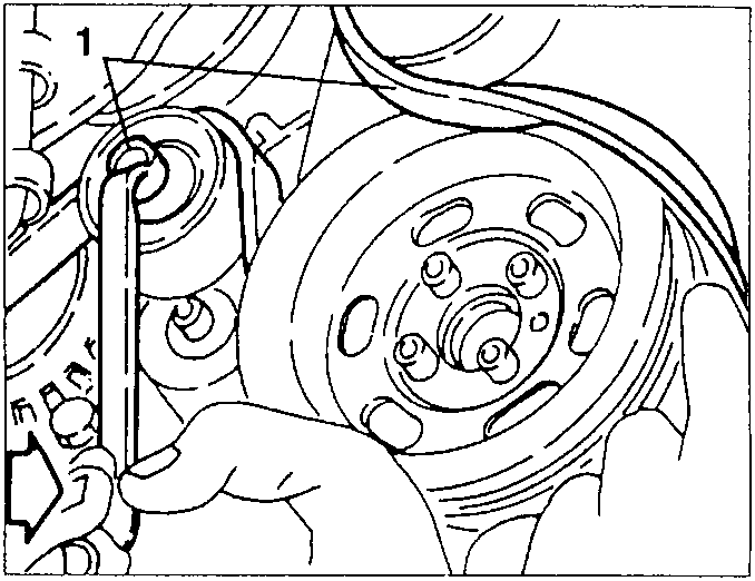 Diagram showing hands removing a fastening screw from a belt take-up device with callout 1.