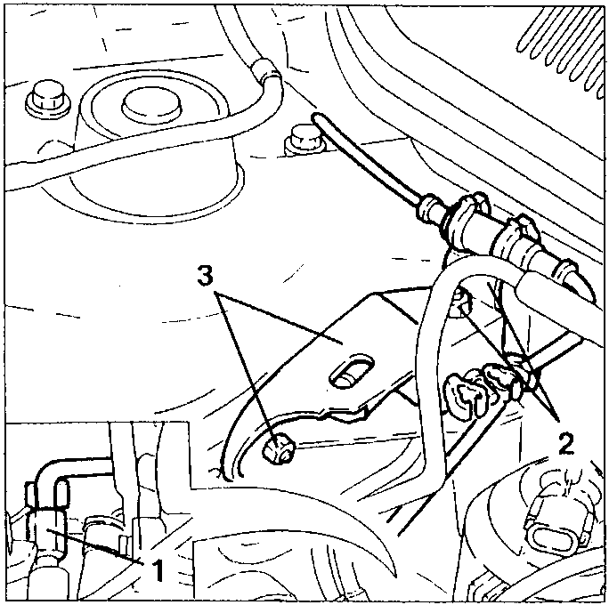Diagram showing power steering unit delivery pipe, ABS electric connection support rod, and lower engine reaction tie-rod support with callouts 1, 2, and 3.