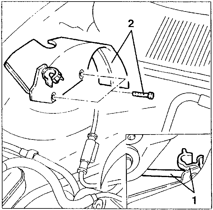 Diagram showing timing sensor wiring clip and guard with callouts 1 and 2.