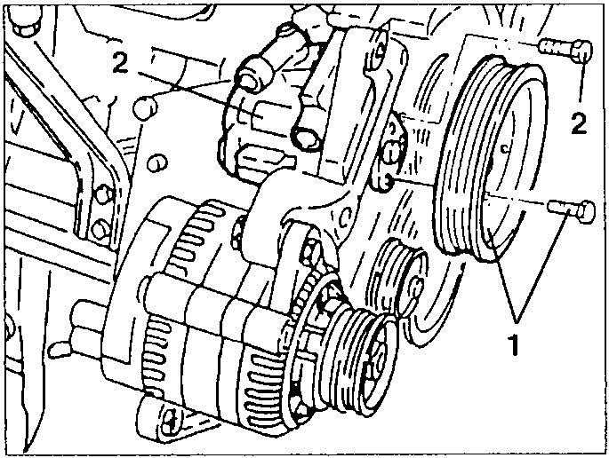 Diagram showing power steering pump pulley and pump with callouts 1 and 2.