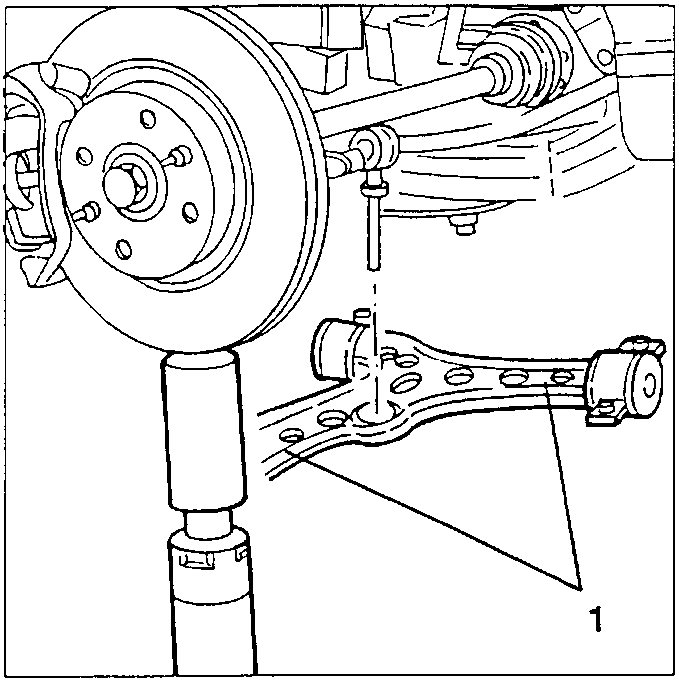 Wishbone being removed from front suspension, labeled 1, with hydraulic jack support