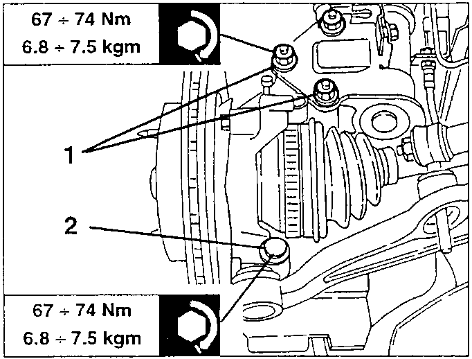 Wheel upright and wishbone connection, labeled 1 and 2, with torque specification F2 67 ÷ 74 Nm (6.8 ÷ 7.5 kgm)