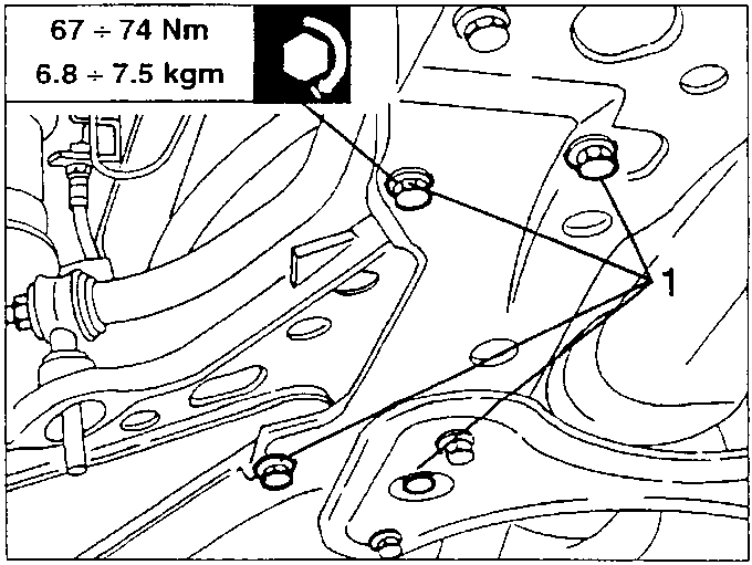 Wishbone connected to engine support frame, labeled 1, with torque specification F3 67 ÷ 74 Nm (6.8 ÷ 7.5 kgm)