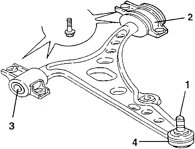Wishbone with ball pin and U-bolts, labeled 1, 2, 3, 4
