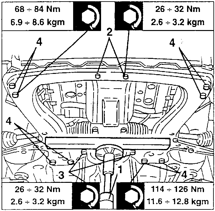 Engine support frame with bolts 1, 2, 3, 4