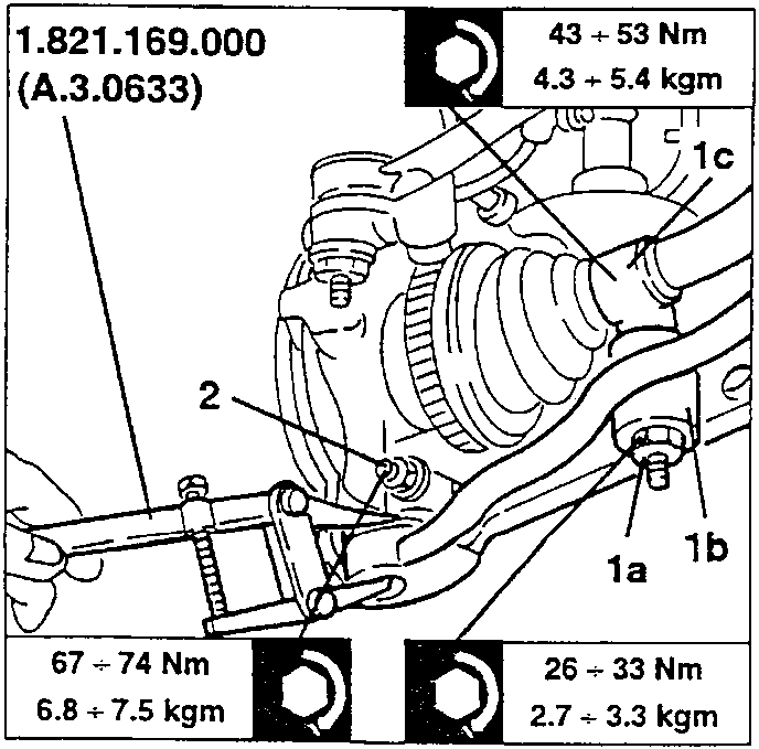 Wishbone disconnection diagram with tool and torque values
