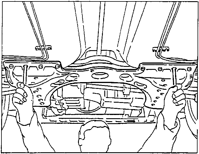 Illustration showing two hands holding a front crossmember in place during refitting.
