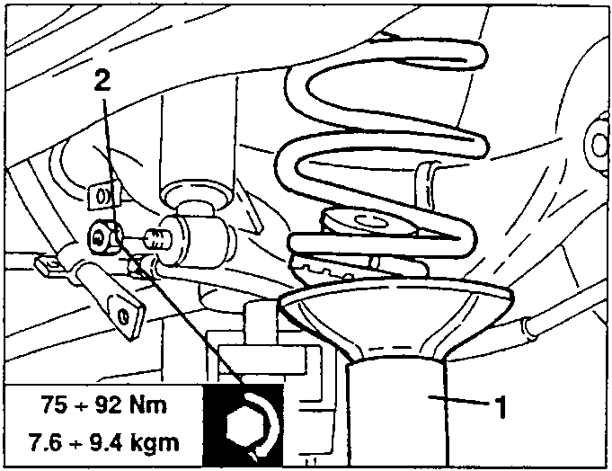 Diagram showing shock absorber lower fastening bolt and spring