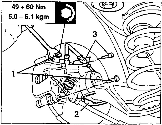 Diagram showing brake caliper, pipes, and cables with torque specification