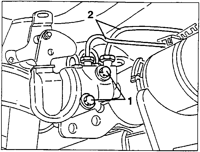 Diagram showing brake pipes and fasteners on axle with callouts 1 and 2