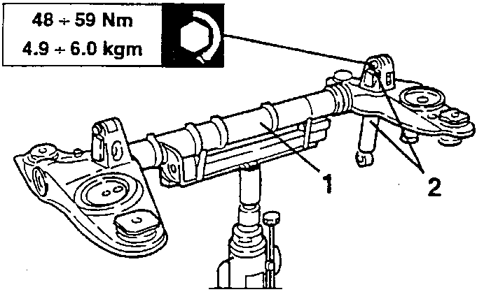 Diagram showing rigid axle with callouts 1 and 2 and torque specification 48 ÷ 59 Nm / 4.9 ÷ 6.0 kgm
