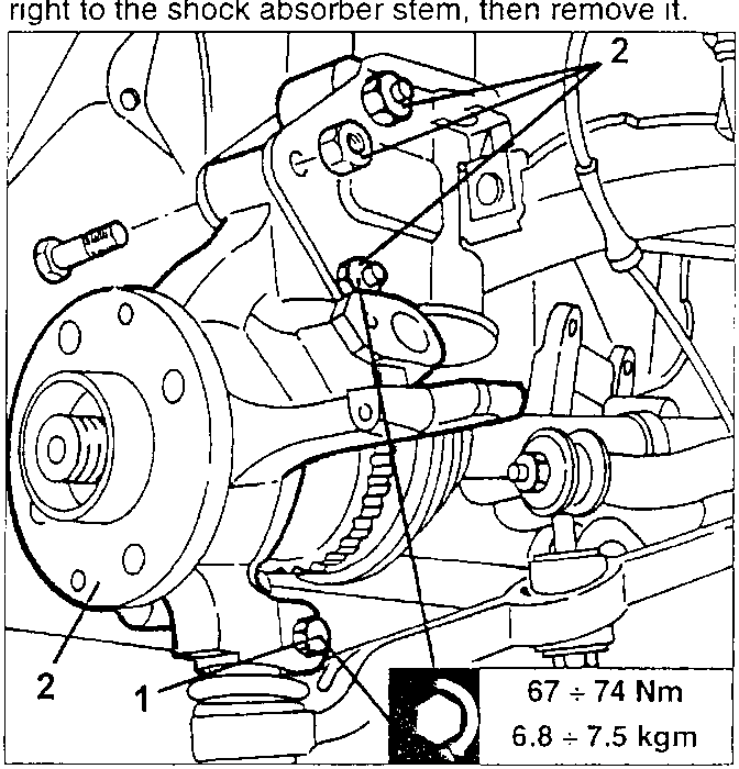 Illustrates removal of shock absorber stem with torque specifications