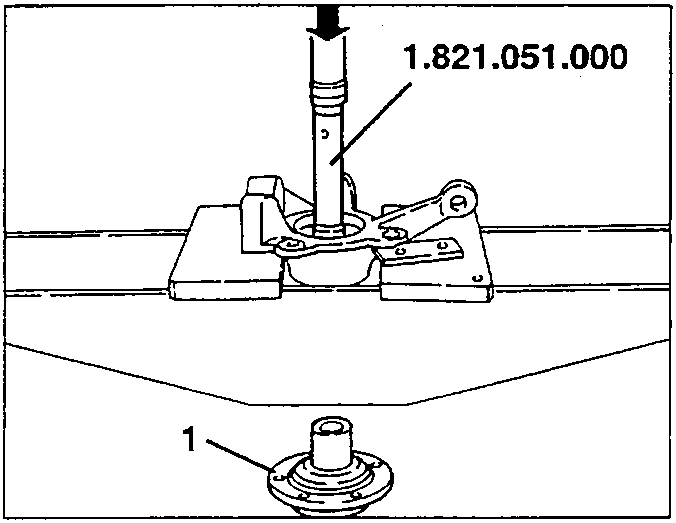 Diagram showing using puller tool no. 1.821.051.000 to pull the wheel hub off the upright.
