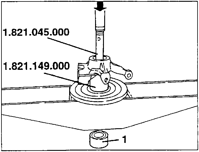 Diagram showing using support no. 1.821.149.000 and puller tool no. 1.821.045.000 to remove the outer bearing race from the upright.