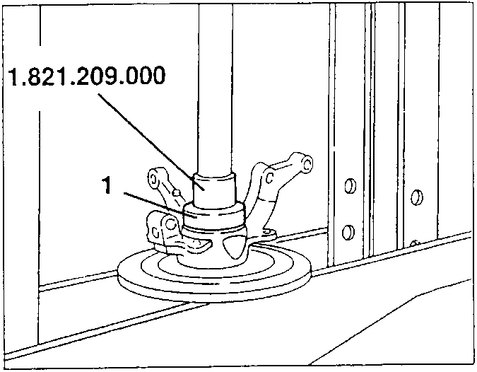 Diagram showing installing tool 1.821.209.000 inserting a bearing into the wheel hub at the press.