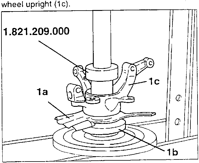 Diagram showing brake disk protection 1a on wheel hub 1b, and hub 1c inserted into upright using tool 1.821.209.000.