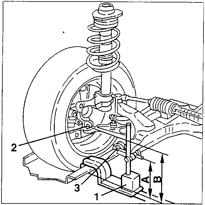 Front wheel alignment measurement diagram showing points A, B, and reference tool positions on ball pin screw and swinging arm pin.