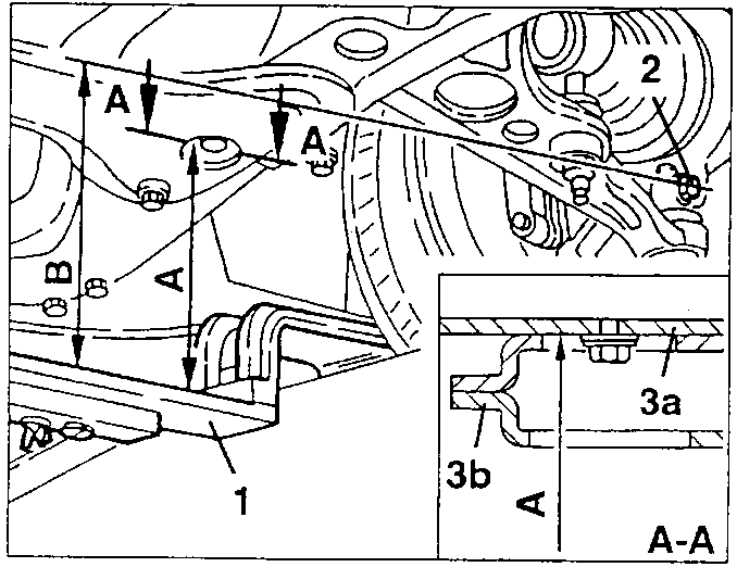 Front wheel alignment measurement diagram showing points A, B, and reference tool positions on chassis components 3a and 3b.