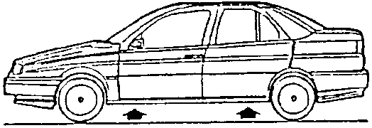 Side view of a four-door sedan showing towing points.