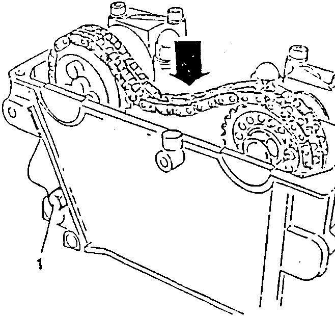Camshaft with chain tensioner being adjusted downward