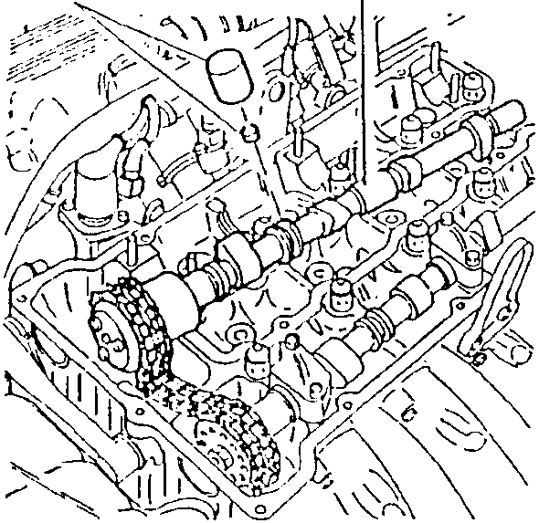 Engine diagram showing camshaft, chain, and valve cups with numbered parts 1 and 2.