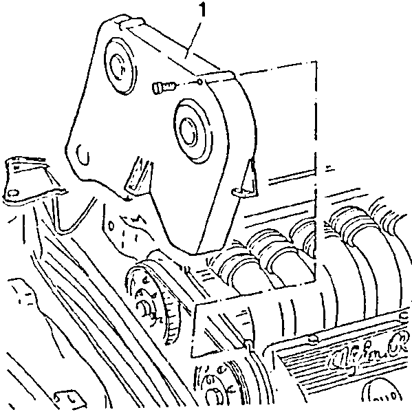 Engine compartment showing water pump and alternator with tool N° 1.824.018.000 (C.2.0131) for measuring belt tension