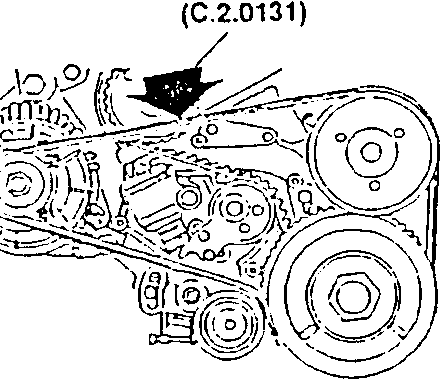Engine timing belt and pulleys with tool N° 1.824.018.000 (C.2.0131) shown applying pressure to the belt