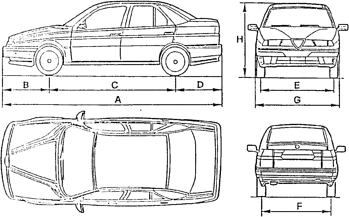 Four-view schematic of a car showing labeled dimensions A through H.
